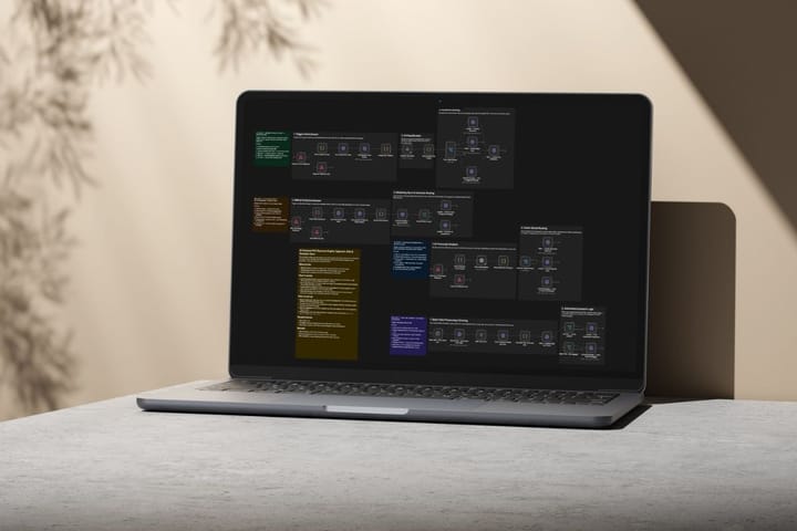 A laptop showing an n8n workflow