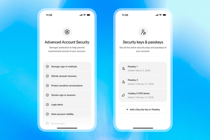 A screenshot of OpenAI's webpage showing their advanced account security and passkeys interfaces on mobile